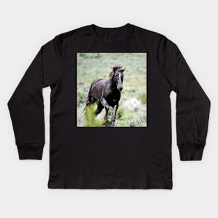 Racing Black Stallion Wild Mustang Photo Kids Long Sleeve T-Shirt